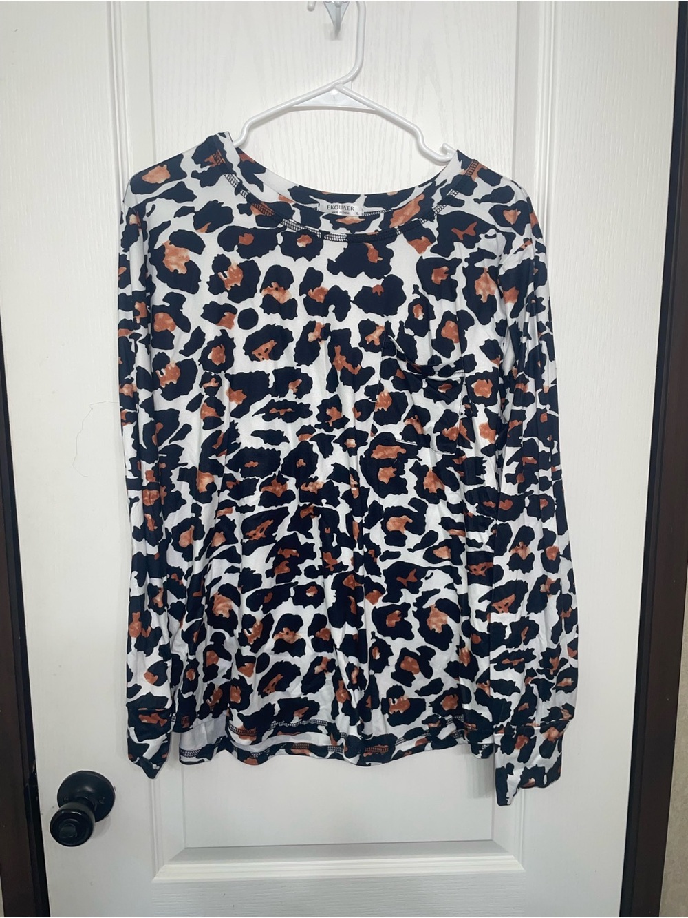 Leopard-Print Long Sleeve Pajama Top & bottom in Black, White & Brown